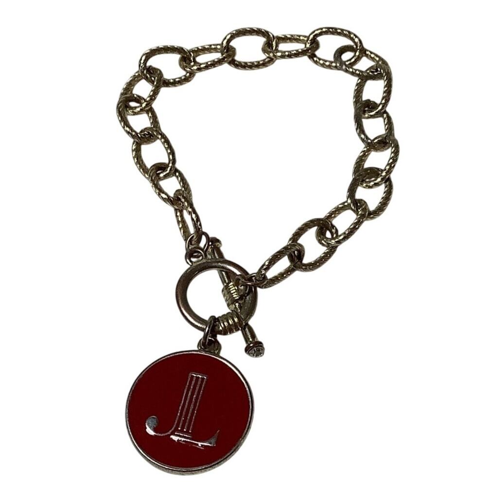 Junior League Silver Tone Red Enamel Logo Charm Toggle Bracelet Vintage F17-28
